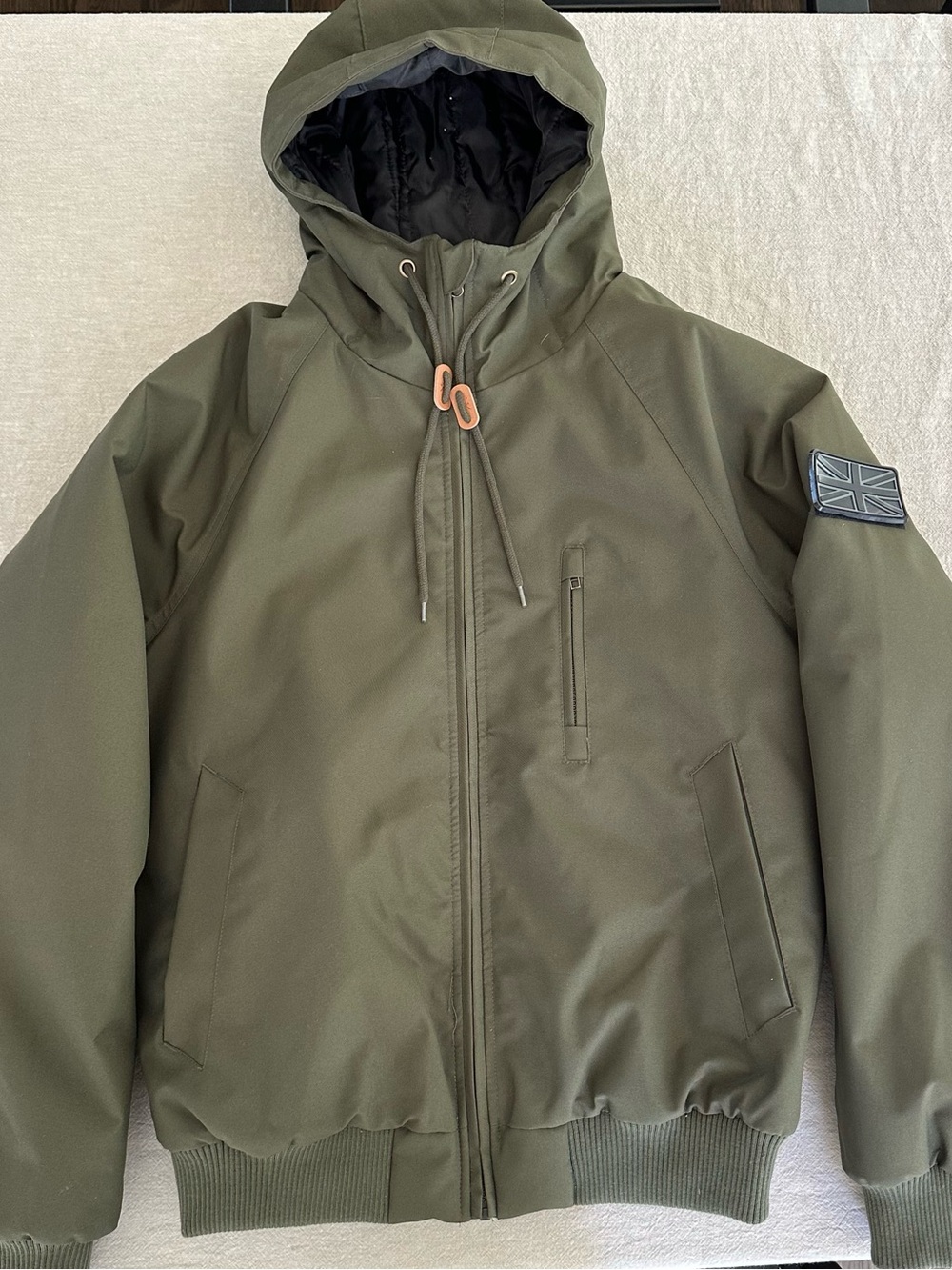 Men's Olive Hooded Jacket with Union Jack Sleeve Patch